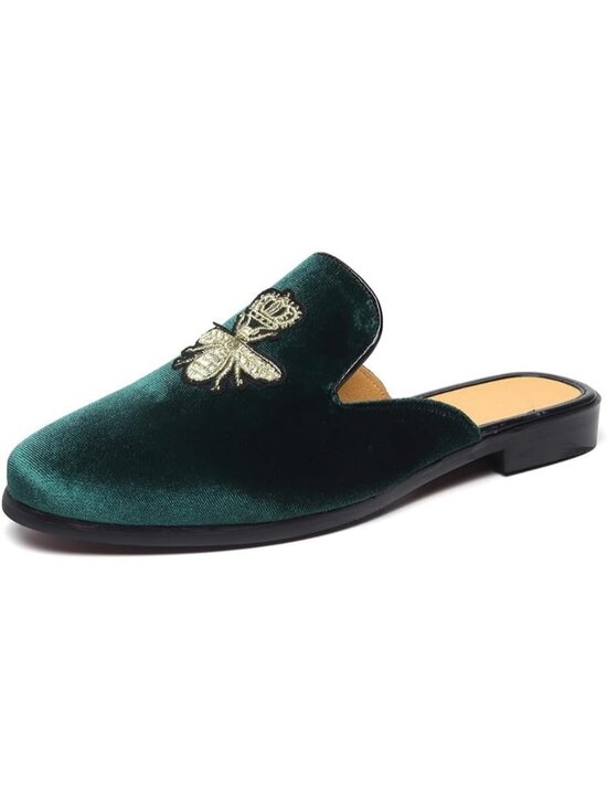 Men\'s Green Rubber Sole Velvet Leather Crown Embroidery Slip On Loafer Slippers main image 6
